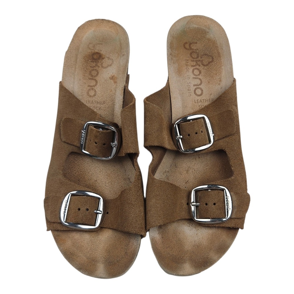 Yokono Tan Brown Suede‎ Double Strap Wedge Sandals 8 Cork Heel Spain